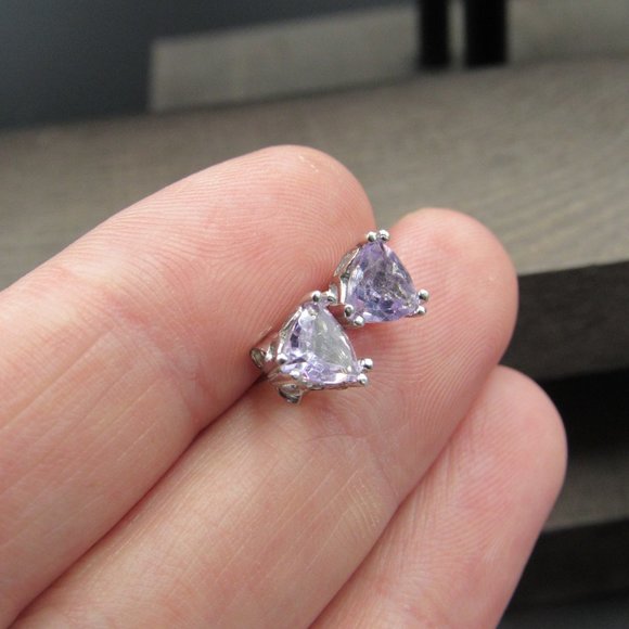 Sterling Ornate Triangle Amethyst Stud Earrings - Picture 3 of 7